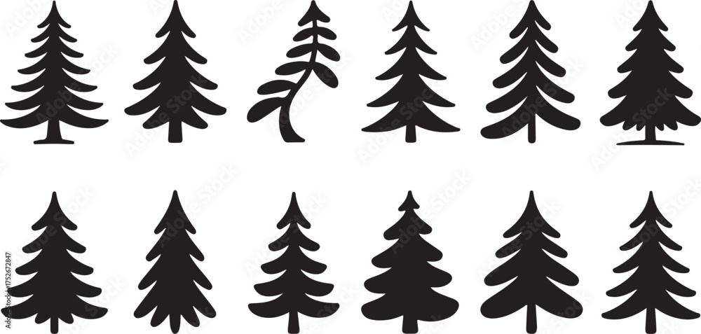 Obraz premium Christmas tree silhouette clipart set. Black Christmas tree drawing clip art collection in white background for xmas season pine tree flat icon decoration vector illustration