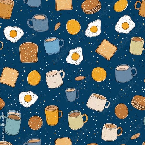 Whimsical Hand-Drawn Breakfast Pattern with Coffee Cups, Eggs, Toast, and Pancakes on Navy Blue