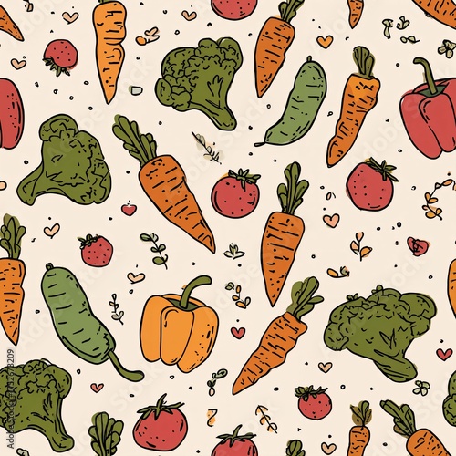 Whimsical Hand-Drawn Fruits and Vegetables Pattern on Creamy Beige Background for Cheerful Decor