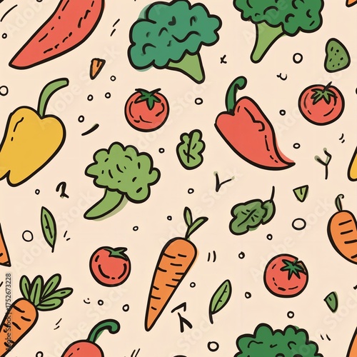 Whimsical Hand-Drawn Seamless Vegetable Pattern on Cream Background for Cheerful D?cor