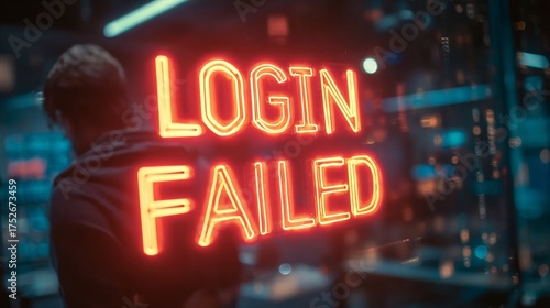 A back view of a person in a hoodie, illuminated by a glowing 'LOGIN FAILED' sign in a dark, tech-themed environment.