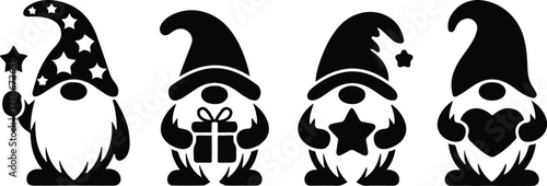 Dancing dwarfs stencils. Gnome with a gift, with a star and a gnome with a magic wand. Winter decorations. Objects for cutting