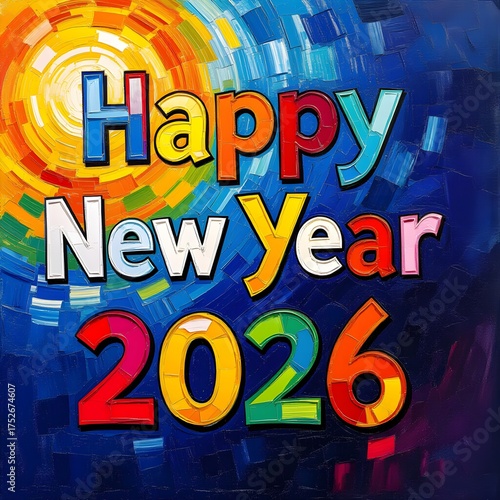 Vibrant Oil Painting of Happy New Year 2026 with Gradient Text and Sunburst on Blue Textured Background