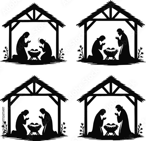 Happy merry christmas manger scenes figures in stables