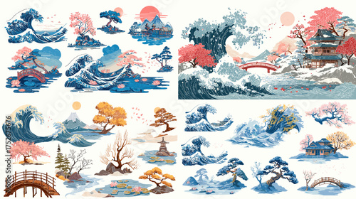 Traditional Japanese landscape art featuring ocean waves, cherry blossoms, temples, and bridges in blue and red tones. Inspired by ukiyo-e painting and oriental aesthetics.