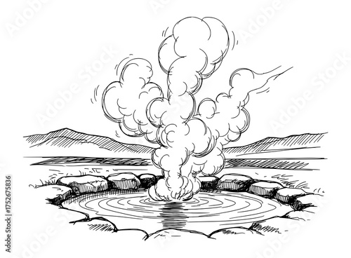 Hand-Drawn Sketch of a Geyser Eruption in Classic Pen Style. Natural Energy Vector Illustration for Eco Tourism.