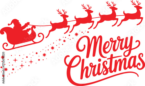 Merry Christmas banner. Silhouette Santa Claus in sleigh with deers flying on stars background. Design elements for decoration holiday poster, flyer, greeting card. Cartoon style. Vector illustration