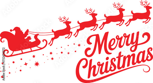 Merry Christmas banner. Silhouette Santa Claus in sleigh with deers flying on stars background. Design elements for decoration holiday poster, flyer, greeting card. Cartoon style. Vector illustration