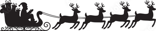 Santa Claus in sleigh pulled by reindeer, silhouette vector illustration