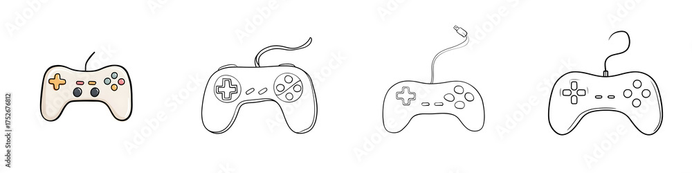 Obraz premium Collection of Hand-Drawn Game Controller Illustrations on White Background