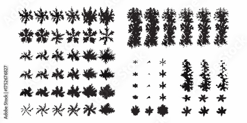 Collection of diverse snowflake silhouettes in various shapes and sizes for winter design elements
