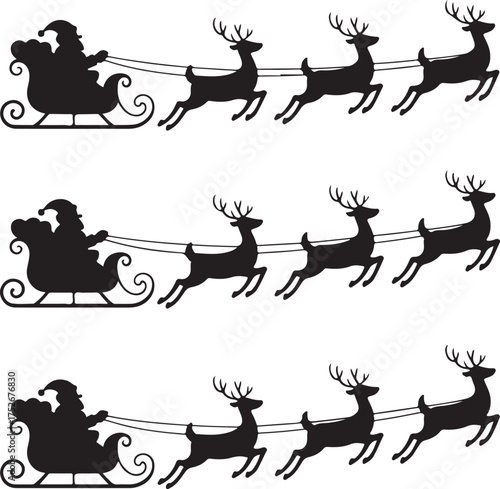 Santa Claus Sleigh and Reindeer set, black and white vector illustration