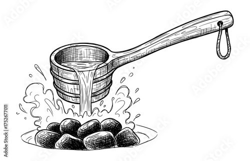 Wooden Sauna Ladle Pouring Water on Hot Stones in Vintage Engraving Style. Vector Illustration for Wellness and Relaxation.
