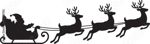 Santa's sleigh with reindeer flies.Vector silhouette.Template for laser, paper cutting, printing on T-shirts, mugs. Christmas illustration
