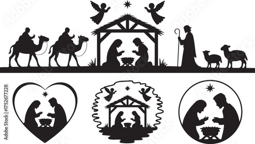 Set of holy Christmas scene with silhouettes christian Nativity. Holiday concept collection with traditional characters holy night. Vector illustration of sacred elements for holiday cards