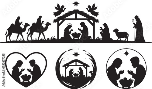 Set of holy Christmas scene with silhouettes christian Nativity. Holiday concept collection with traditional characters holy night. Vector illustration of sacred elements for holiday cards