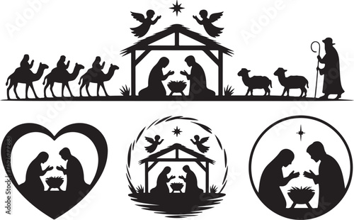 Set of holy Christmas scene with silhouettes christian Nativity. Holiday concept collection with traditional characters holy night. Vector illustration of sacred elements for holiday cards