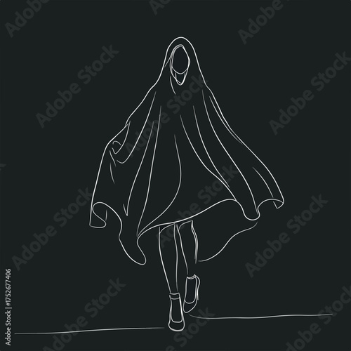 Mysterious figure cloaked in flowing fabric, an enigmatic presence evoking intrigue and imagination in minimalist modern style fashion illustration.