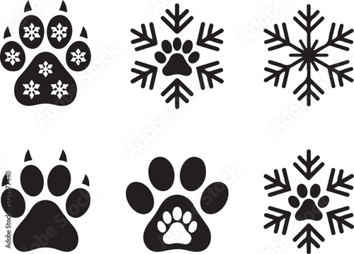 Set of snowflakes. Snowflake with dog paw print. Happy new year and merry Christmas illustration for pet lovers. Isolated on white background. Good for posters, t shirts, postcards