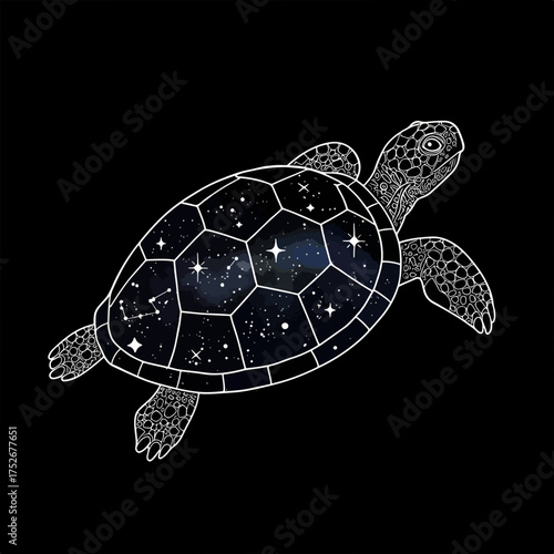 Celestial Sea Turtle Drifting Through Galaxy, Cosmic Symbolism, Spiritual Connection, Dreamy Illustration, Elegant Design, Mystical Journey, Night Sky