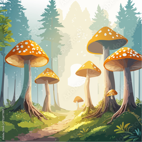 A whimsical forest path winds through a magical landscape, adorned with giant orange polka-dotted mushrooms, an enchanting illustration radiating fantasy charm and dreamlike wonder