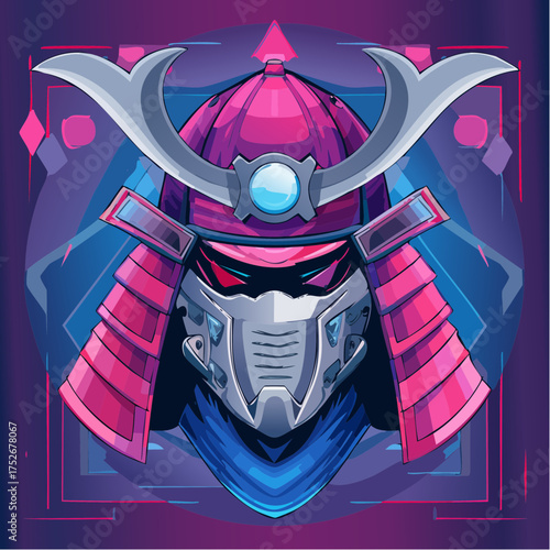 Robotic Samurai Warrior Mask Illustration with Futuristic Geometric Background