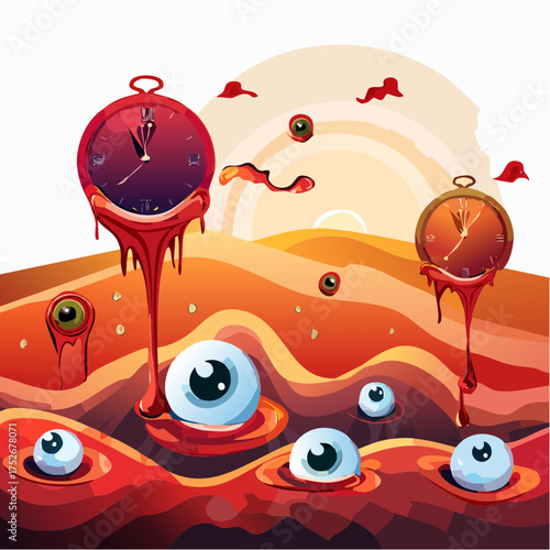 Surreal Landscape with Melting Clocks and Eyeballs Under a Setting Sun
