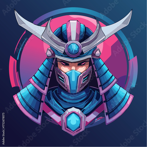 A Futuristic Samurai Warrior Illustration with Pink and Blue Accents