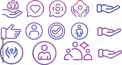 Community And Social icon set. Minimal icons collection. Editable vector art. People icon set. Contain linear sign hand, community, network, friend, social, people, charity and more