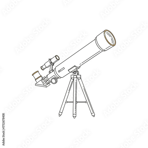 Vector art of a detailed line drawing of a refracting telescope mounted on a sturdy tripod, isolated on a, perfect for astronomy enthusiasts and stargazers
