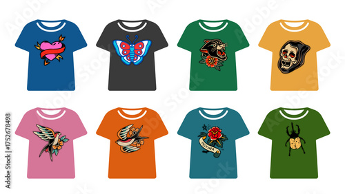 Collection of eight colorful t shirts with unique graphic designs isolated on transparent background