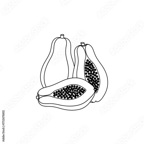 Vector art of two whole papayas and one half papaya showing seeds, , ideal for showcasing tropical fruits and healthy eating concepts