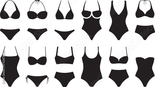 Swimsuit icon. Set of swimsuits icons. Vector illustration. Swimsuits vector icons. Black swimsuit icons