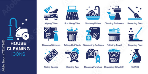 House Cleaning icon set. Containing cleaning, work, gloves, household, dust, detergent and more. Solid vector icons collection. Vector illustration.