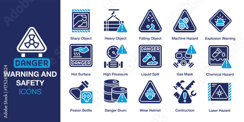 Warning and Safety icon set. Containing security, caution, risk, alert, hazard, information and more. Solid vector icons collection. Vector illustration.