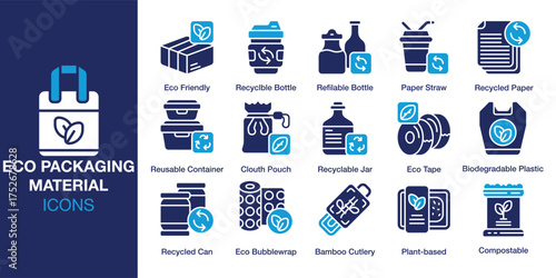 Eco Packaging Materials icon set. Containing paper, cardboard, container, green, environmental and more. Solid vector icons collection. Vector illustration.