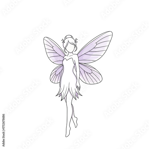 Vector art of a delicate illustration of a fairy with translucent purple wings, standing gracefully with one leg forward