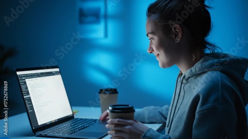 Young Woman Working on Laptop Late at Night at Desk