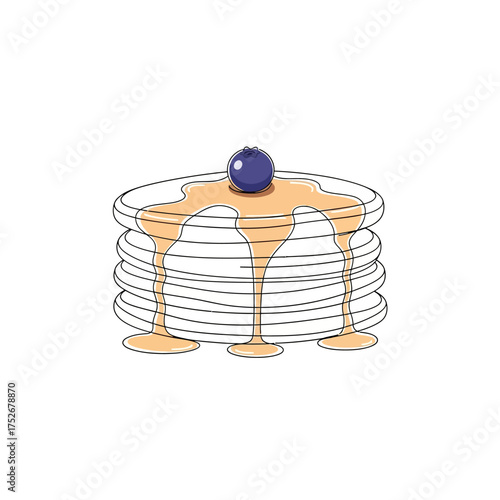 Vector art of stack of fluffy pancakes drizzled with golden syrup and topped with a single blueberry, presented in a simple, appealing illustration