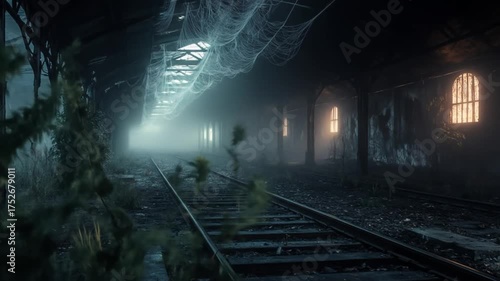 Gloomy abandoned train station interior with fog and atmospheric lighting