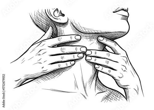 Hands Massaging Neck in Hand-Drawn Sketch Style. Vector Illustration for Wellness and Self-Care.