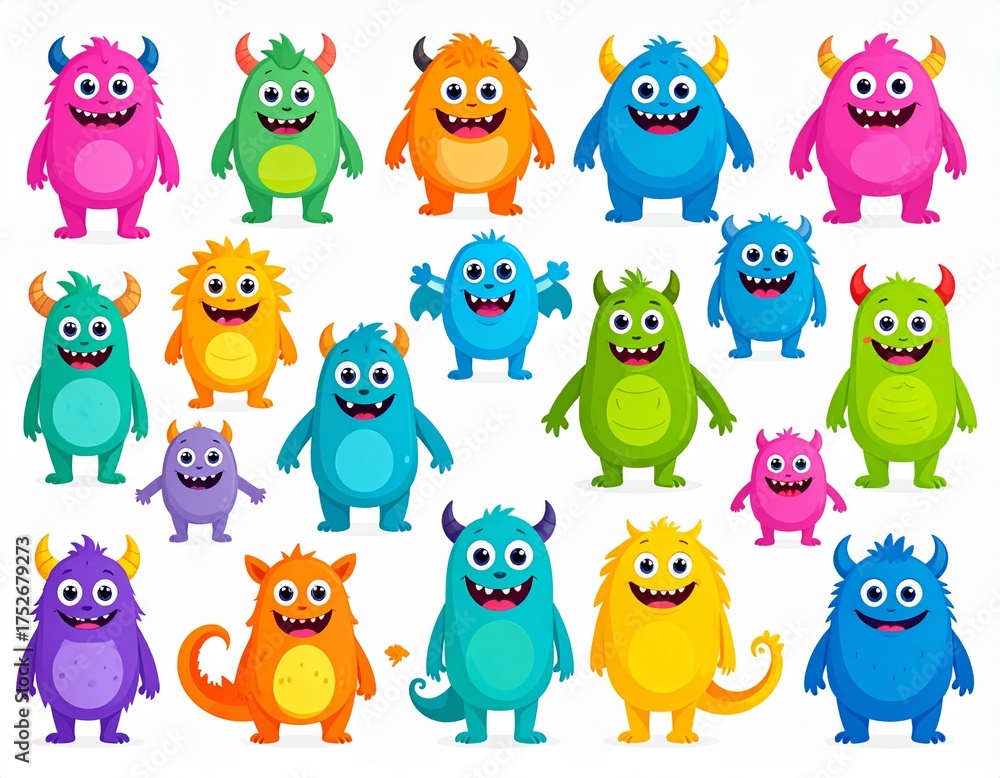 Fototapeta premium Cute monsters. Halloween cartoon monsters characters, funny fluffy creature, gremlin