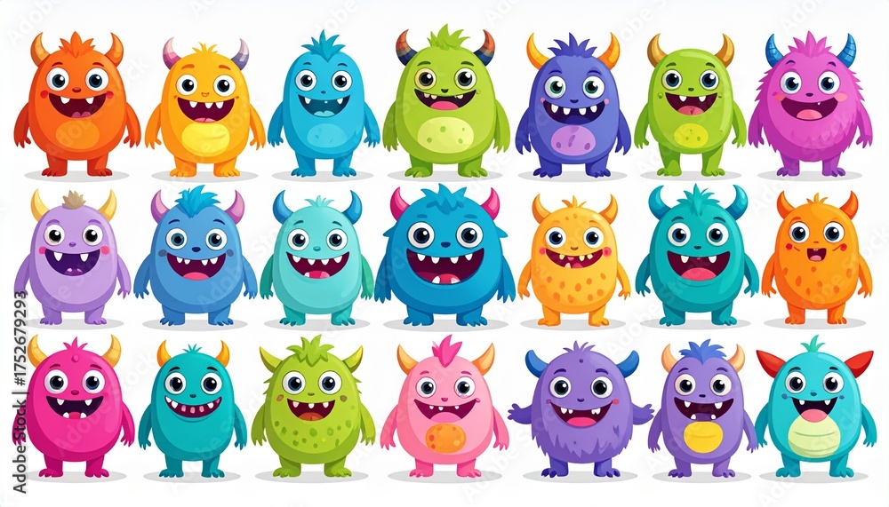 Obraz premium Cute monsters. Halloween cartoon monsters characters, funny fluffy creature, gremlin 