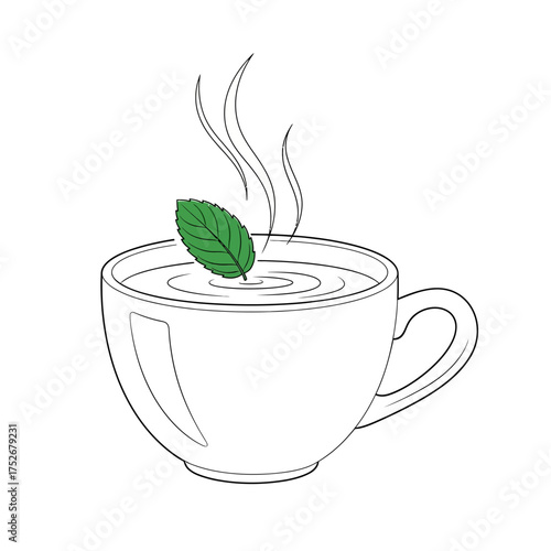 Vector art of a steaming cup of tea with a fresh green mint leaf floating on top, creating ripples in the hot beverage, isolated on a