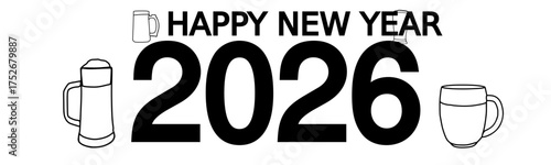 2026 HAPPY NEW YEAR black and gold vector brush calligraphy banner with swashes and stars
