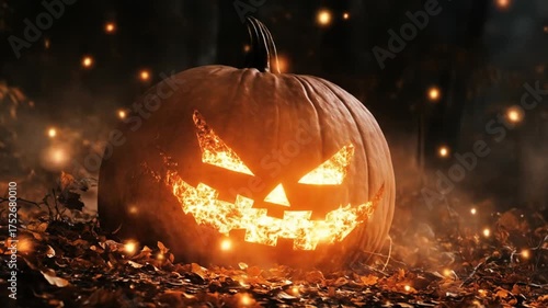 Glowing carved pumpkin in a forest setting with magical sparks