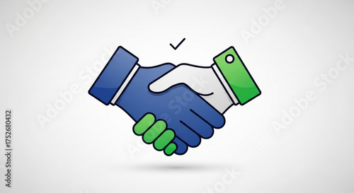 A blue and green handshake with a checkmark, symbolizing a successful agreement, it represents partnership and collaboration