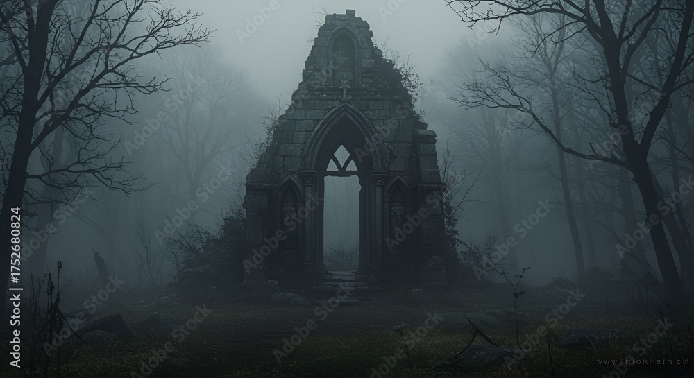 Obraz premium Ruined stone archway stands shrouded in mist within a dark and mysterious forest scene.