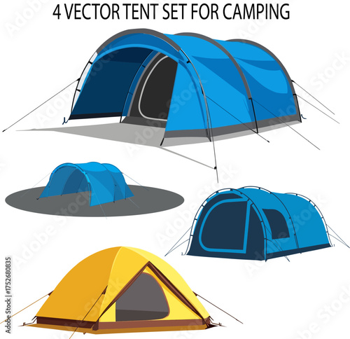 Set of four vector camping tents isolated on white background, blue and yellow dome tents, outdoor adventure collection