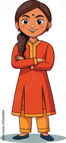 Cartoon Indian woman with arms crossed wearing orange kurta and yellow pants